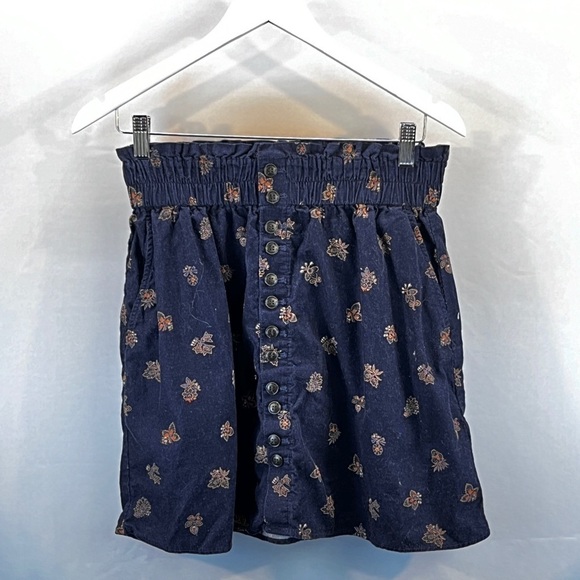 Madewell Paperbag Button-Front Mini Skirt Micro Corduroy Navy Blue Floral pocket - Picture 1 of 7